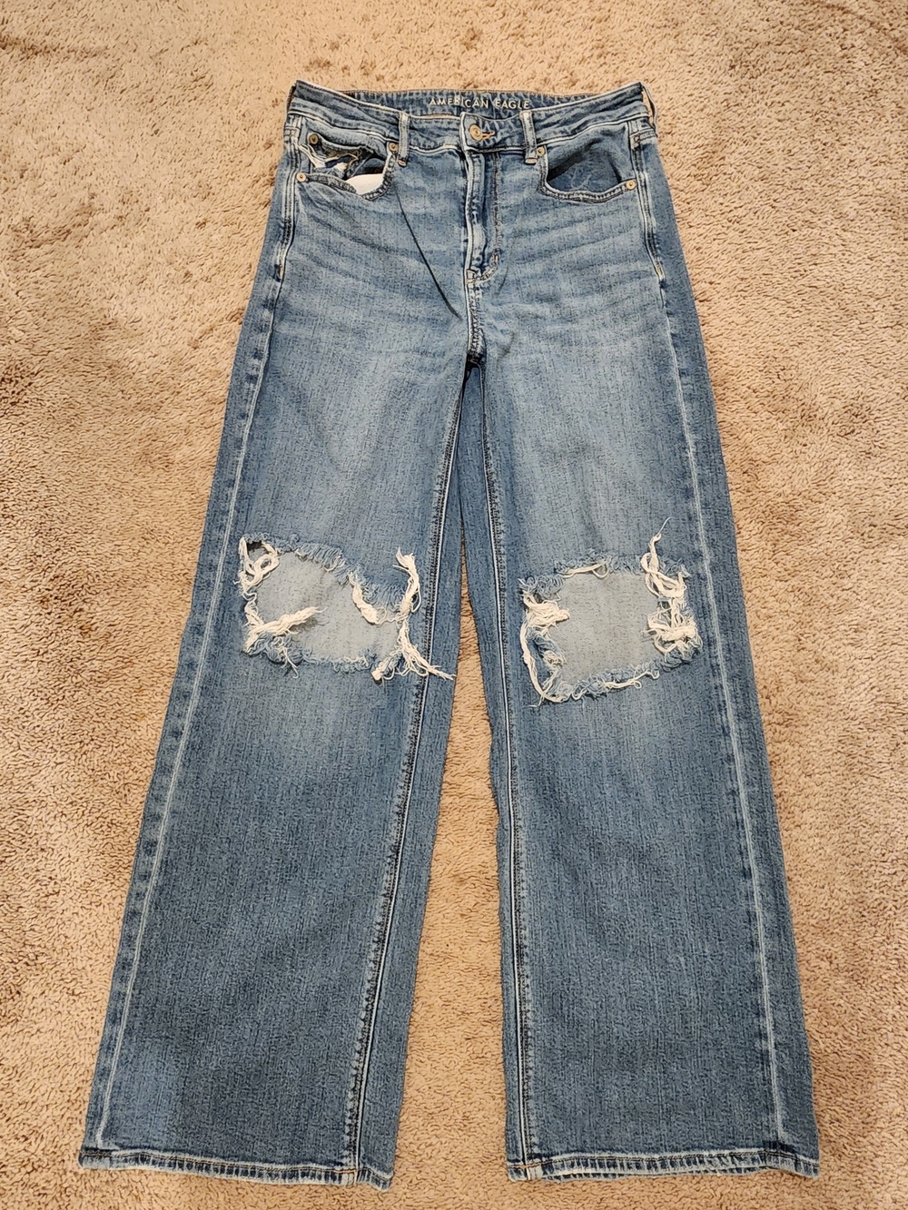 American Eagle Outfitters Light Blue Distressed Wide-Leg Jeans Super High Rise